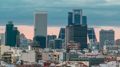 Madrid Skyline at sunset timelapse with some emblematic buildings