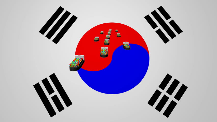 Container ships with fluttering South Korean flag animation