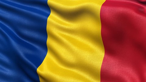 Realistic flag of Romania waving in the wind. Seamless loop with highly detailed fabric texture. Loop ready in 4K resolution.