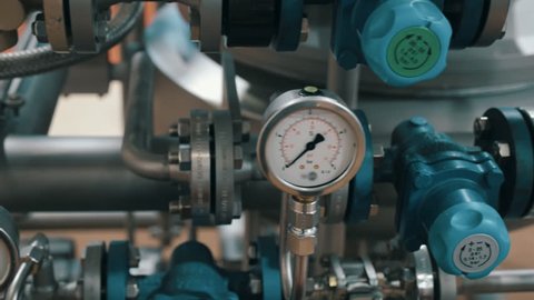 Modern complex technological industrial equipment. A plurality of pipelines, pumps, filters, gauges, sensors, motors and other parts of. Shot in motion