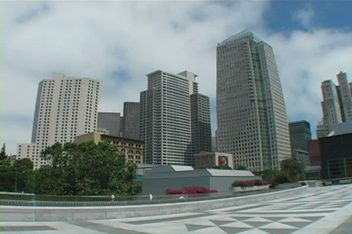 A view of a walk way and buildings in downtown San Francisco.