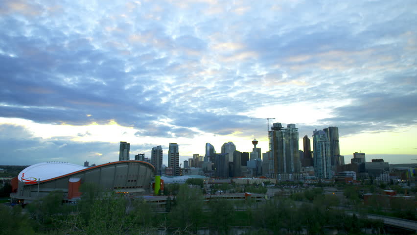 Time lapse of skyline of the city of Calgary at dusk.