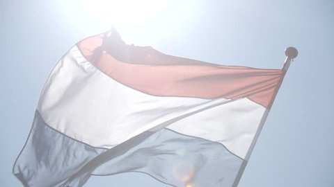 Dutch flag against blue sky with lens flare. 