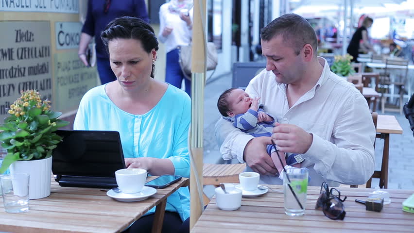 Father working on laptop 
