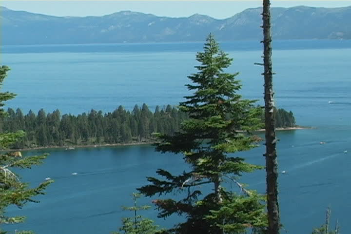 A view through the pine trees of Emerald Bay.