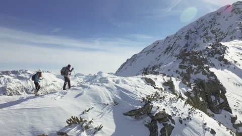 Climbers Walking Up Mountain Expedition Aerial Flight Epic Mountain Range Climb To Success Beautiful Peak Winter Vacation Exploration Adventure Hiking Tourism Concept