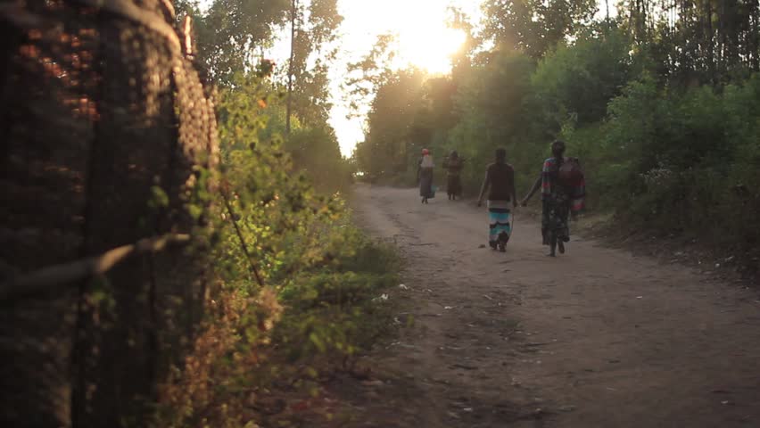 A family group of African villagers travel together with many containers, to find water to bring back to their village. African woman walking to the next well during magic hour sunset | Shutterstock HD Video #14599945