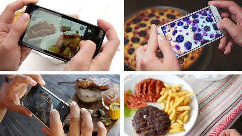 Collage of taking a photo picture of food in a restaurant with mobile phone camera for social network