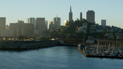 Aerial sunrise San Francisco California USA Waterfront Coit Tower