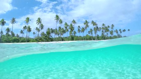 SLOW MOTION HALF UNDERWATER CLOSE UP: Beautiful tropical island with tall palm trees on white sandy exotic beach and amazing crystal clear blue ocean lagoon