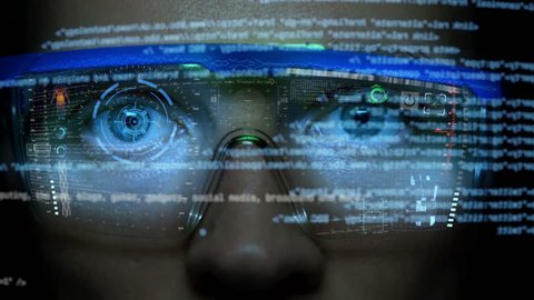 Futuristic monitor on face with code and information hologram.  Eye hud animation. Future concept