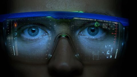 Futuristic monitor on face with code and information hologram.  Eye hud animation. Future concept Video de stock