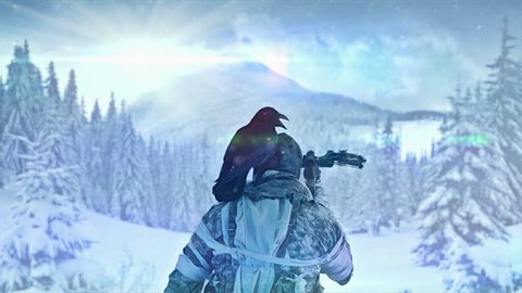 Apocalyptic warrior in a maskshoots stands with a crossbow on a background of a winter forest.