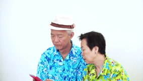 Video of Asian senior couple angry on the phone. Upset for vacation