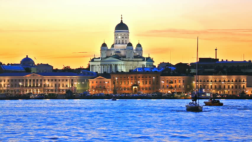 Scenic evening view of the Old Town architecture and pier with Market Square and Lutheran Christian Cathedral Church at the Senate Square in Helsinki, Finland Royalty-Free Stock Footage #14637355