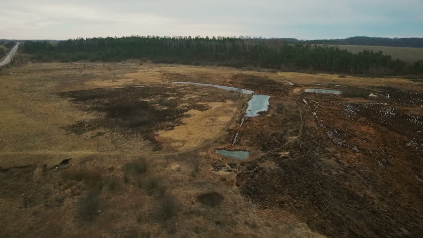 Aerial view: countryside, ponds, swamps, forests in Ukraine