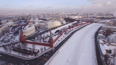 Kremlin.Beautiful frozen WINTER Moscow city cowered in snow and ice. From above. Aerial FPV Drone Flights. UltraHD 4K