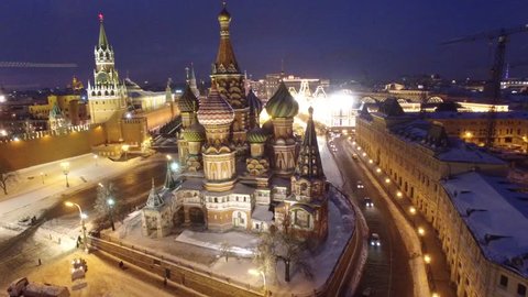 Fast approach to St. Basil's Cathedral and Red square, Beautiful frozen WINTER Moscow city cowered in snow and ice, Aerial FPV Drone Flights, UltraHD 4K