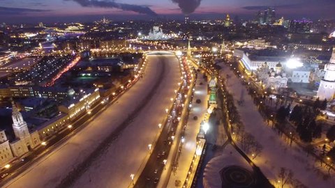 Night Beautiful frozen WINTER Moscow Kremlin and river cowered in snow and ice. Aerial FPV Drone Flights. UltraHD 4K