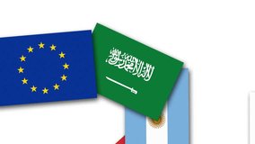Video animation about Saudi Arabia and other G20 nations flags. G20 stands for the major twenty nations of the World. This version emphasizes Saudi Arabia. Unique design.