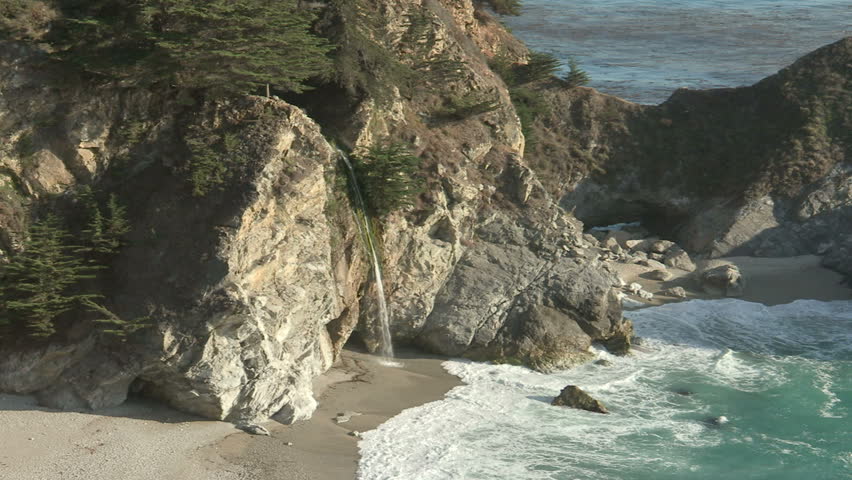 Beach Waterfall On California Coast