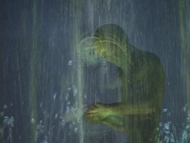 Cascading water falls down around a statue.