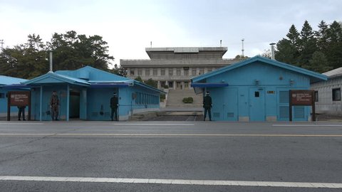 DMZ, SOUTH KOREA - 10 OCTOBER 2015: South and North Korean border, soldiers standing guard, military deadlock, United Nations command and conference rooms