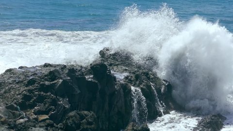 Drone Footage Sea Wave Crashing Rocks Foam Water Beach Nature Surf Storm Power Travel Hawaii Nature Tourism Eroded Summer Coast