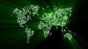 Loopable: Futuristic green world map made of shiny dots with moving light rays. (av23643c)