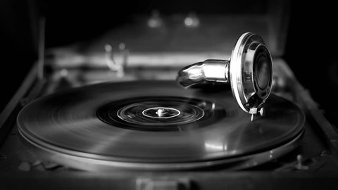 Loop-able Vintage Video of Old Gramophone, playing a record, close up,  (black and white old movies style) - 1920X1080 Full HD 