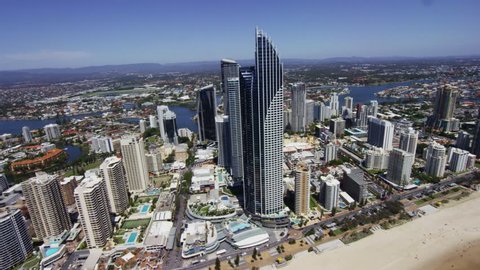 Aerial Pan View of Surfers Paradise center on the Gold Coast - Featuring Soul, Hilton & Cavill Avenue