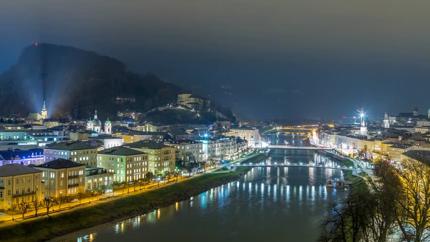 Time Lapse scene of Salzburg by night in 4K, view on Capuchin hill. 