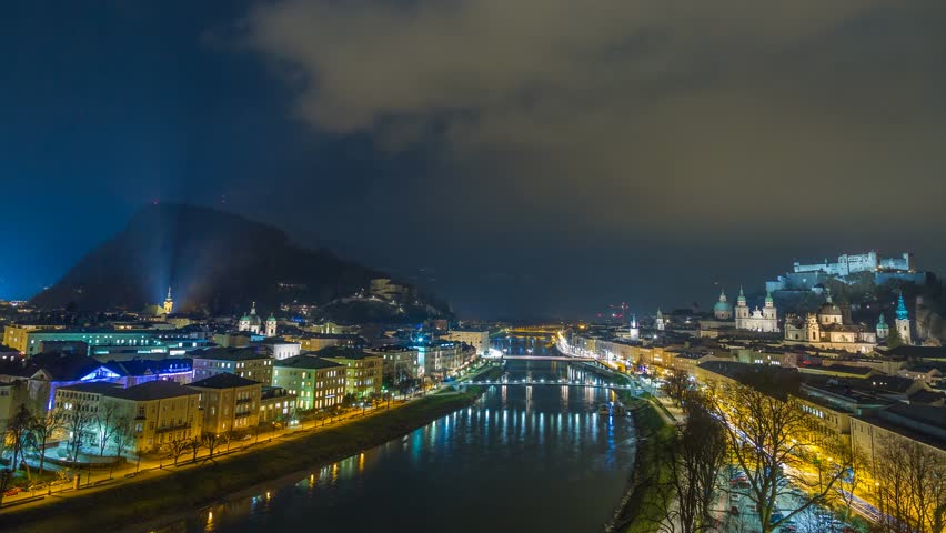 Panoramic view over Salzburg by night, time lapse in 4K. 