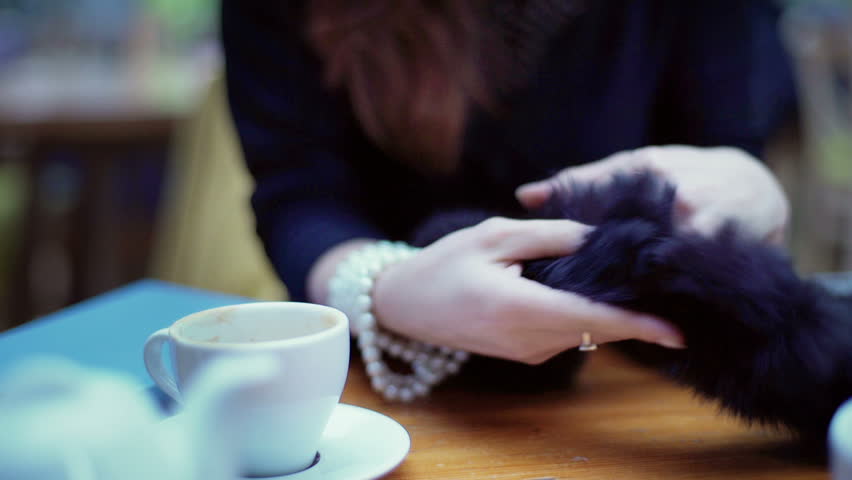 Woman sitting at the table and touching black fur
