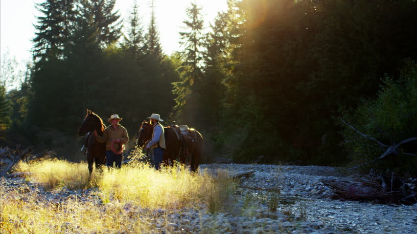 Riders with horses in forest valley Rocky mountains USA