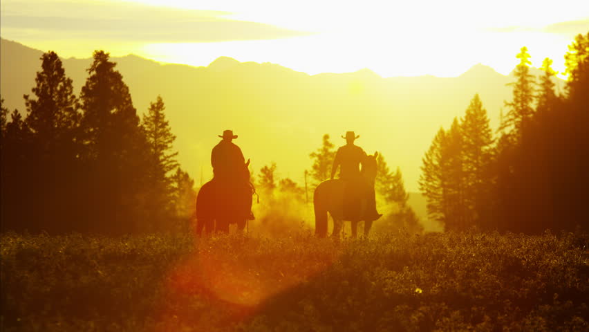 Silhouette of Cowboy Riders forest wilderness area Canada