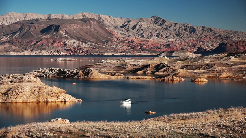 A powerboat cruising on Lake Mead in Nevada