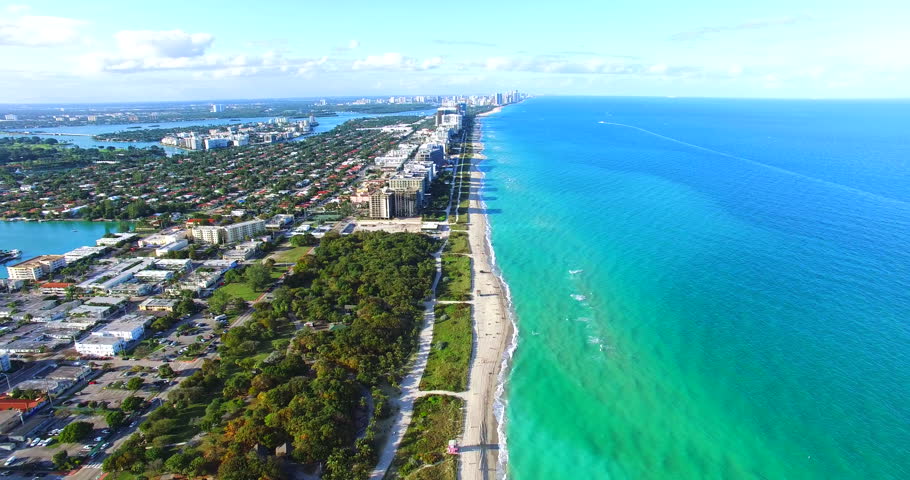 Aerial 4K video. Beaches and city park from above. North Shore Open Space Park, Miami Beach, Florida 