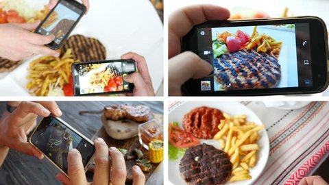 Collage of take a photo picture of food in a restaurant with phone