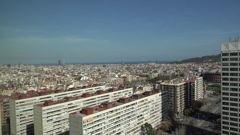 4K Beautiful Barcelona skyline and seascape, building rooftop and traffic street by day