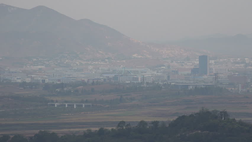 Distant view of a North Korean city along the border with the South