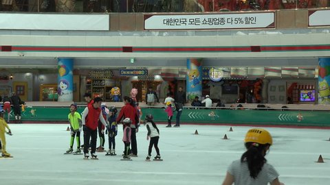 SEOUL, SOUTH KOREA - 9 OCTOBER 2015: Kids practice short track speed skating in Seoul, one of the most popular sports in South Korea