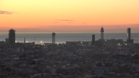 BARCELONA - SPAIN, APRIL 6, 2015, 4K Aerial view  of famous cityscape at sunset or sunrise with traditional and modern building tower by day