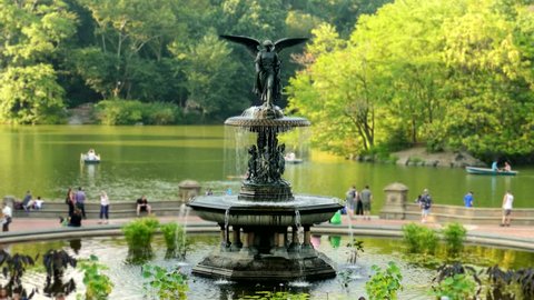 New York Fountain Central Park Water Trees People Famous Angel Statue Bethesda Manhattan Tourism Landmark Nature City USA 4K Travel