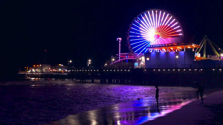 illuminated santa monica pier night purple Stock Footage Video (100% ...