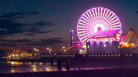 Illuminated Santa Monica Pier Night Ferris Wheel Beach Nature California Los Angeles Travel Destination Timelapse Tourism 4K UHD