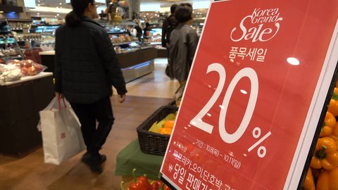 SEOUL, SOUTH KOREA - 9 OCTOBER 2015: Twenty percent discount as part of the 'Korea Grand Sale' in a supermarket in Seoul, South Korea
