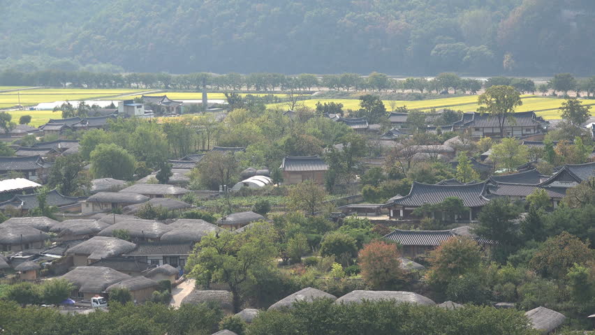 Overview of tiled roofs of a restored folk village near Andong in South Korea