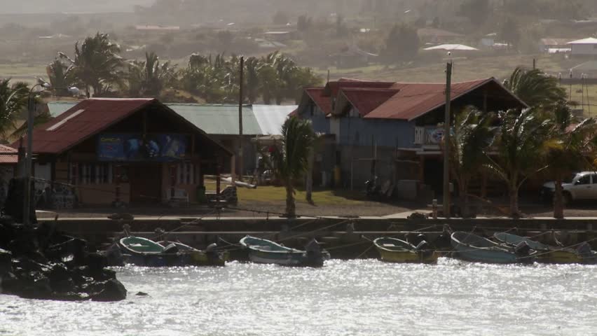 The town of Hanga Roa on Easter Island with wind blowing.