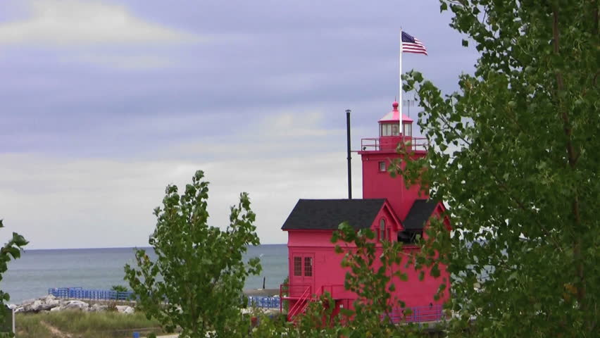 Great Lakes lighthouse on a windy cloudy day